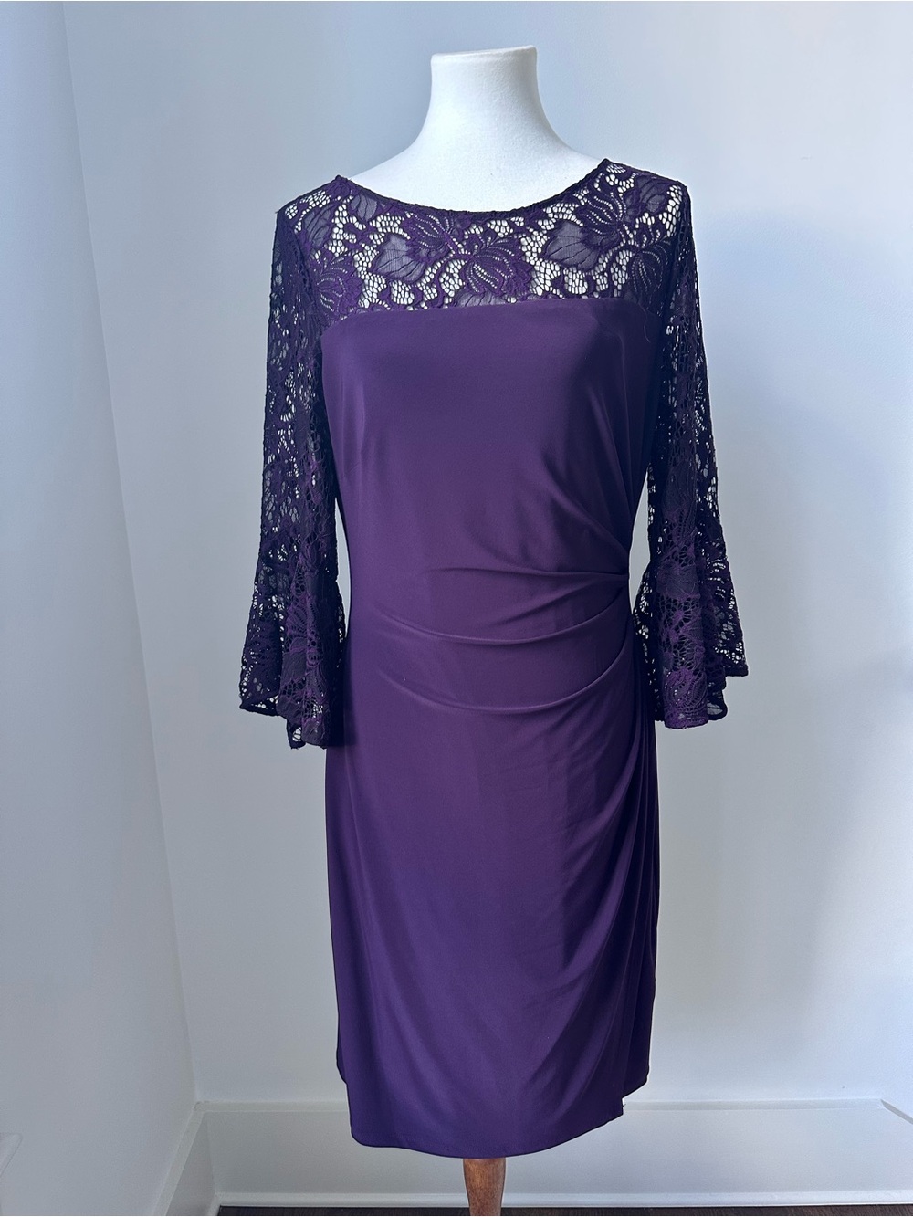 Ralph Lauren Plum Lace-Yoke Long Sleeve Sheath Dress Size 12